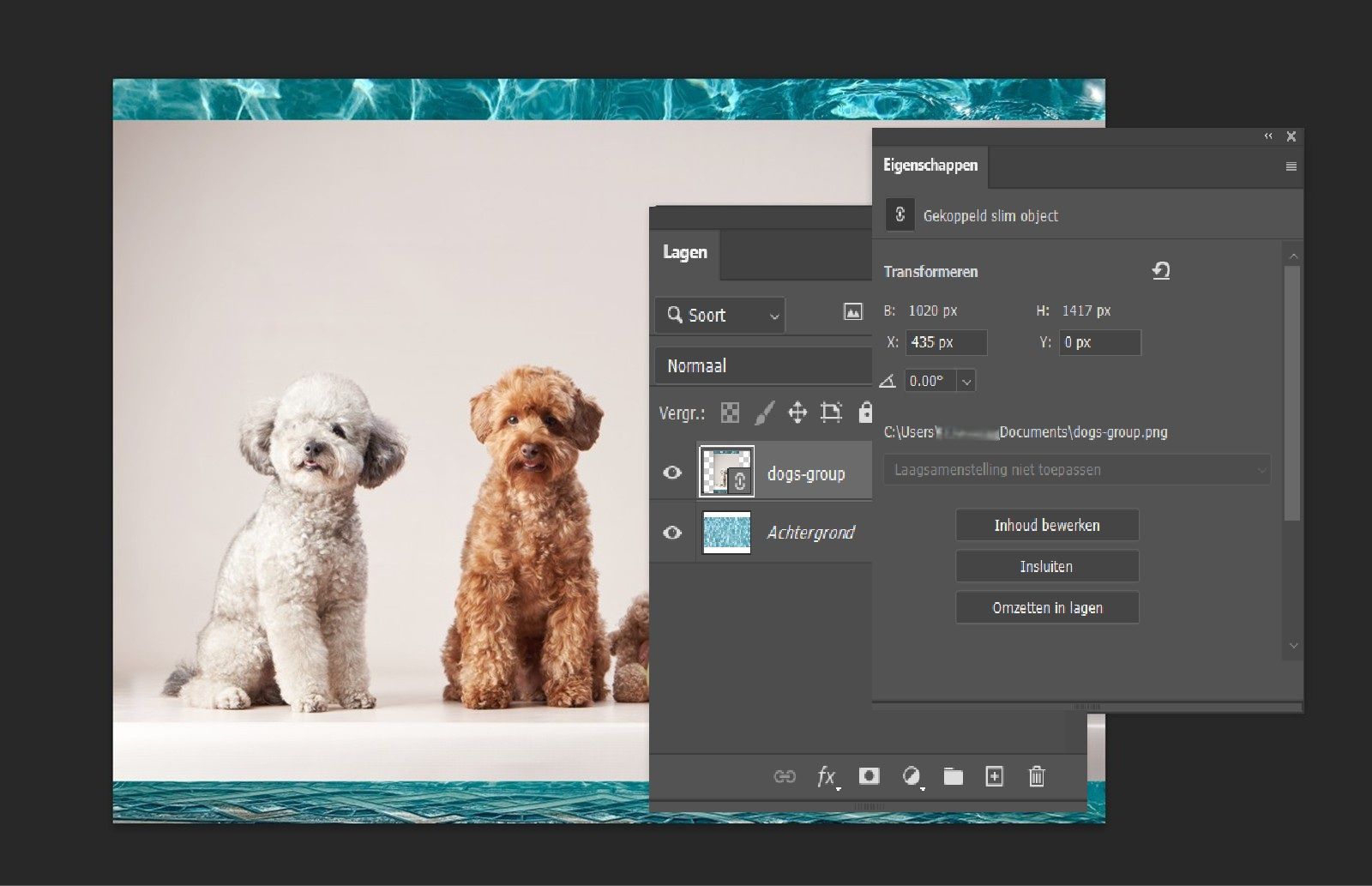 Een Photoshop document toont een geselecteerde Slim Object-laag met koppeling-, grootte- en positiedetails in het paneel Eigenschappen.