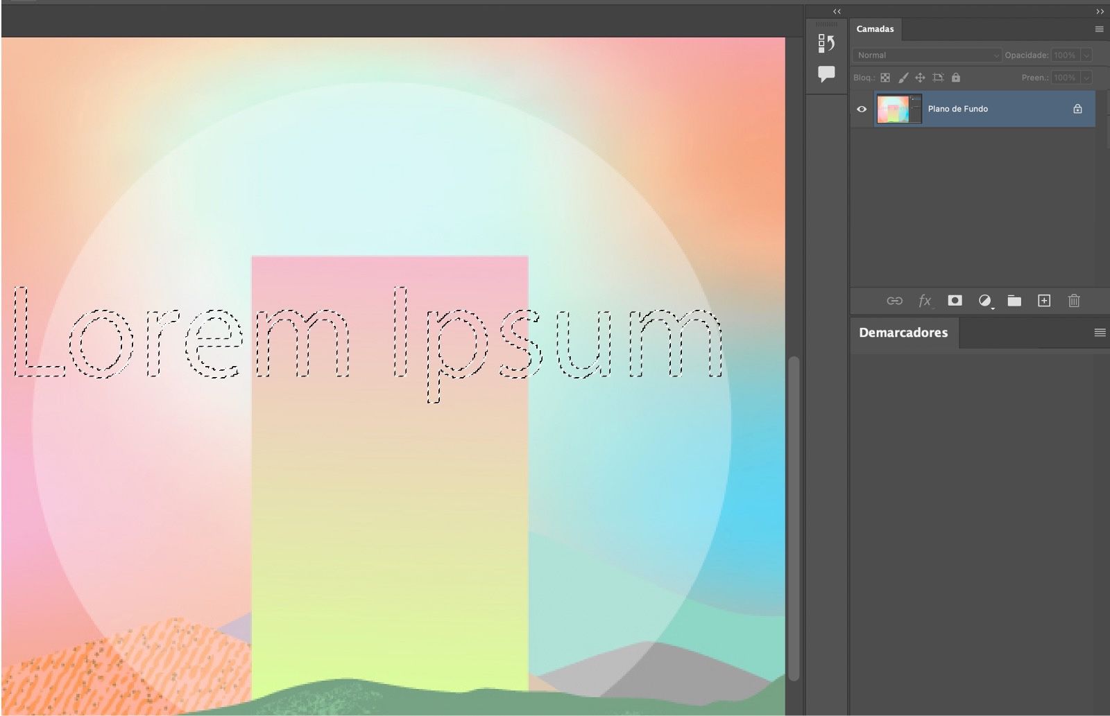 Um documento do Photoshop com uma borda de seleção de texto de exemplo sobre uma imagem. O painel Camadas está aberto, mostrando que a imagem de fundo está selecionada. O painel Caminhos está aberto e vazio.