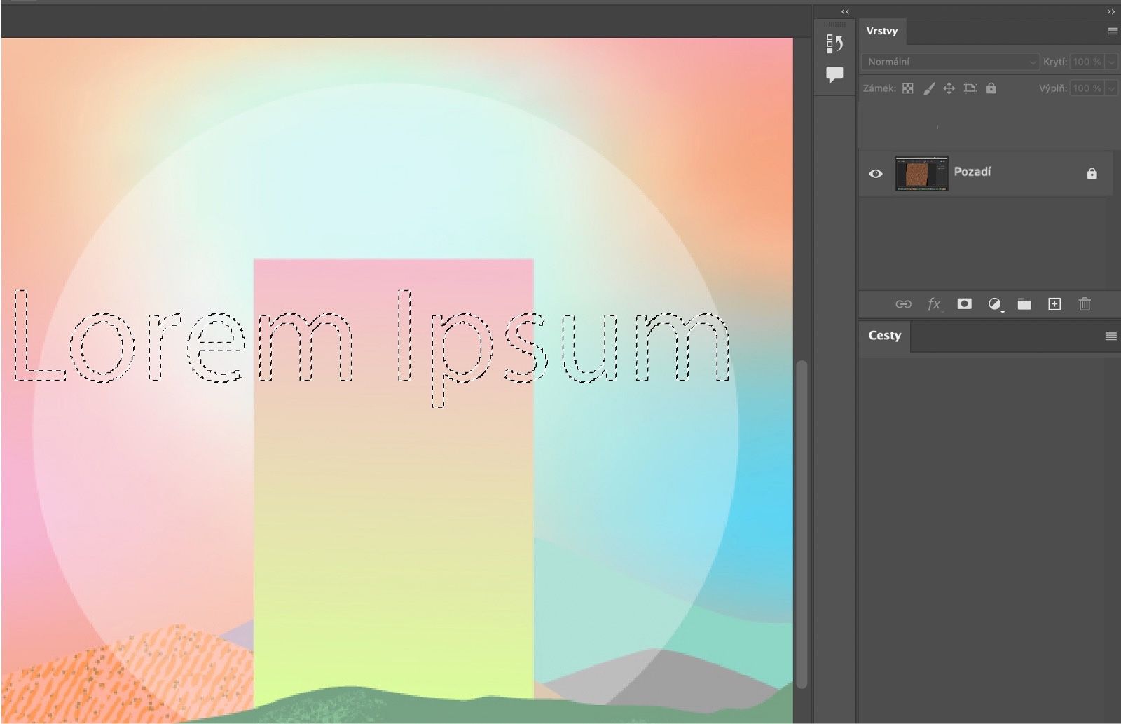 Dokument photoshop s ukázkou výběrové hranice textu na obrázku.Je otevřený panel Vrstvy, který ukazuje, že je vybrané pozadí obrázku.Panel Cesty je otevřený a prázdný.