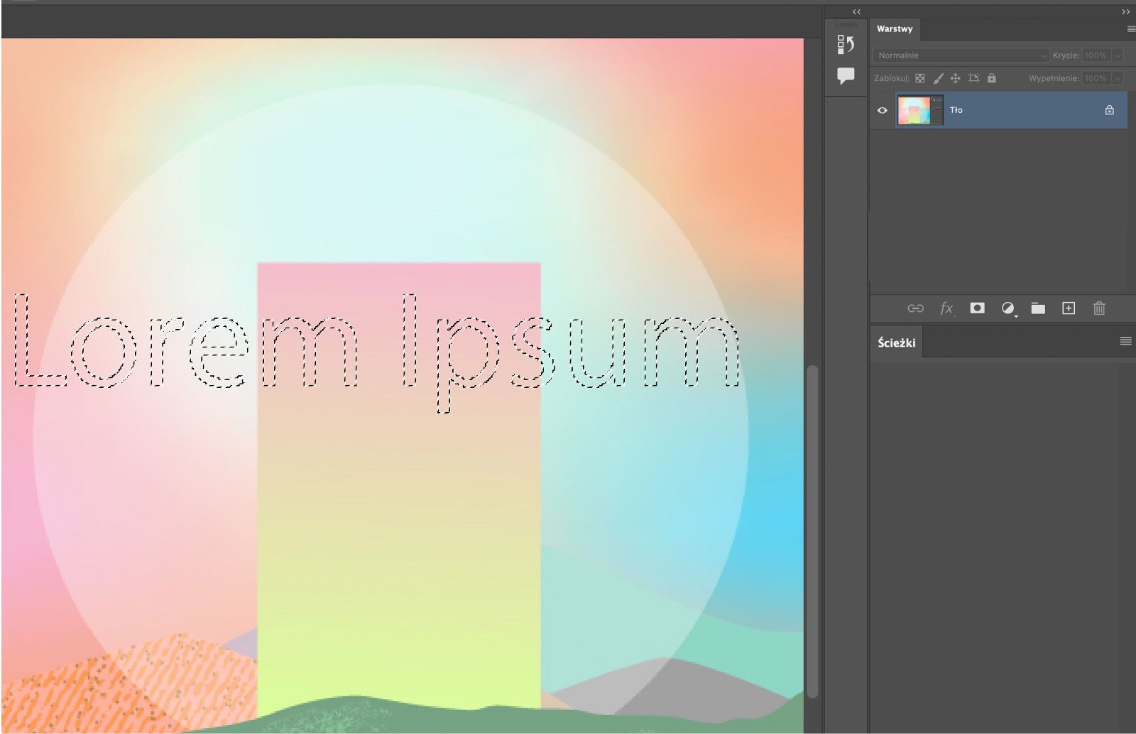 Dokument Photoshop z przykładową granicą zaznaczenia tekstu na obrazie.Otwarty jest panel Layers, pokazujący, że wybrane jest tło.Panel Paths jest otwarty i pusty.