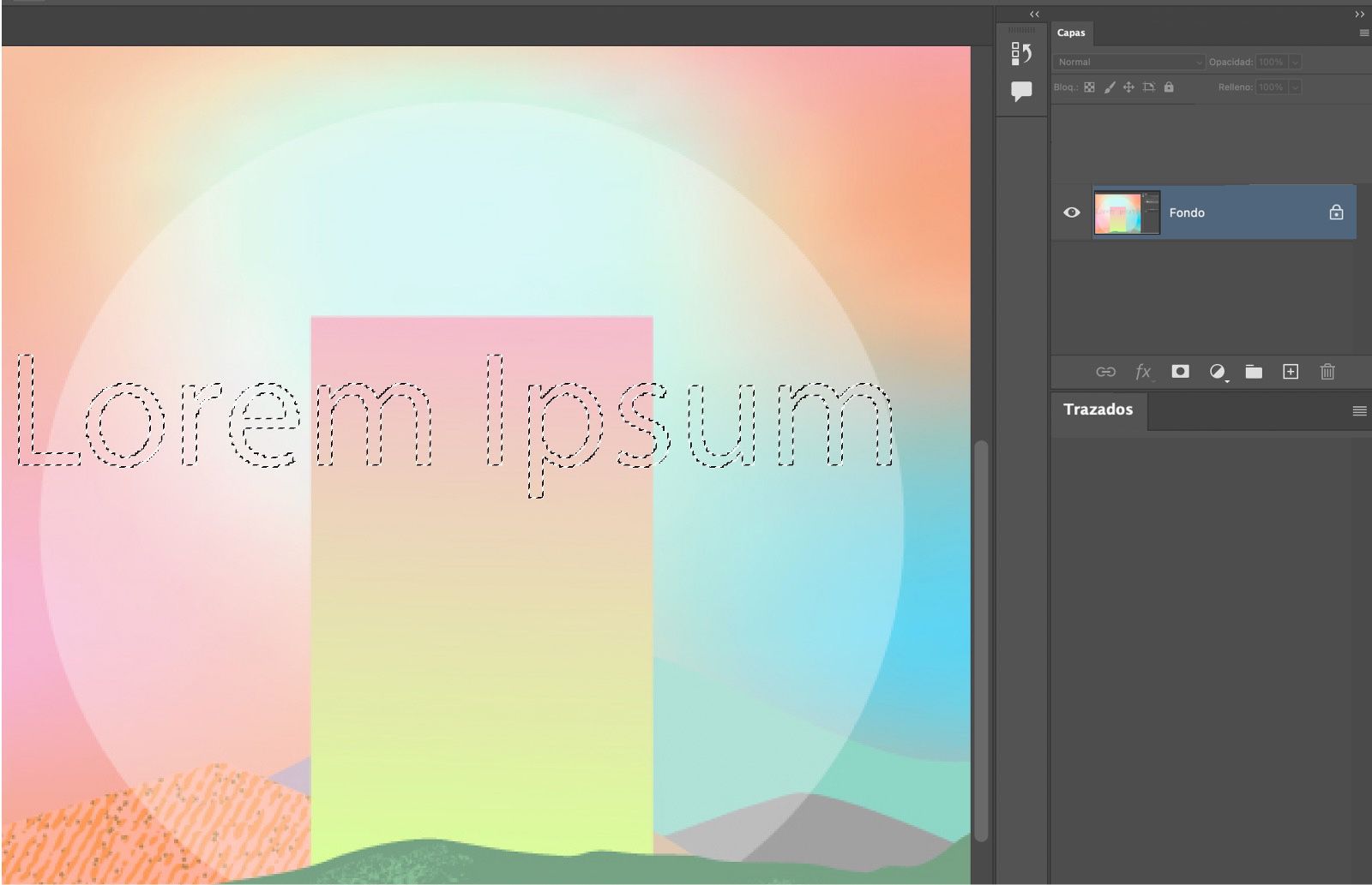 Un documento de Photoshop con un borde de selección de texto de ejemplo en una imagen.El panel Layers está abierto, mostrando que la imagen de fondo está seleccionada.El panel Paths está abierto y vacío.