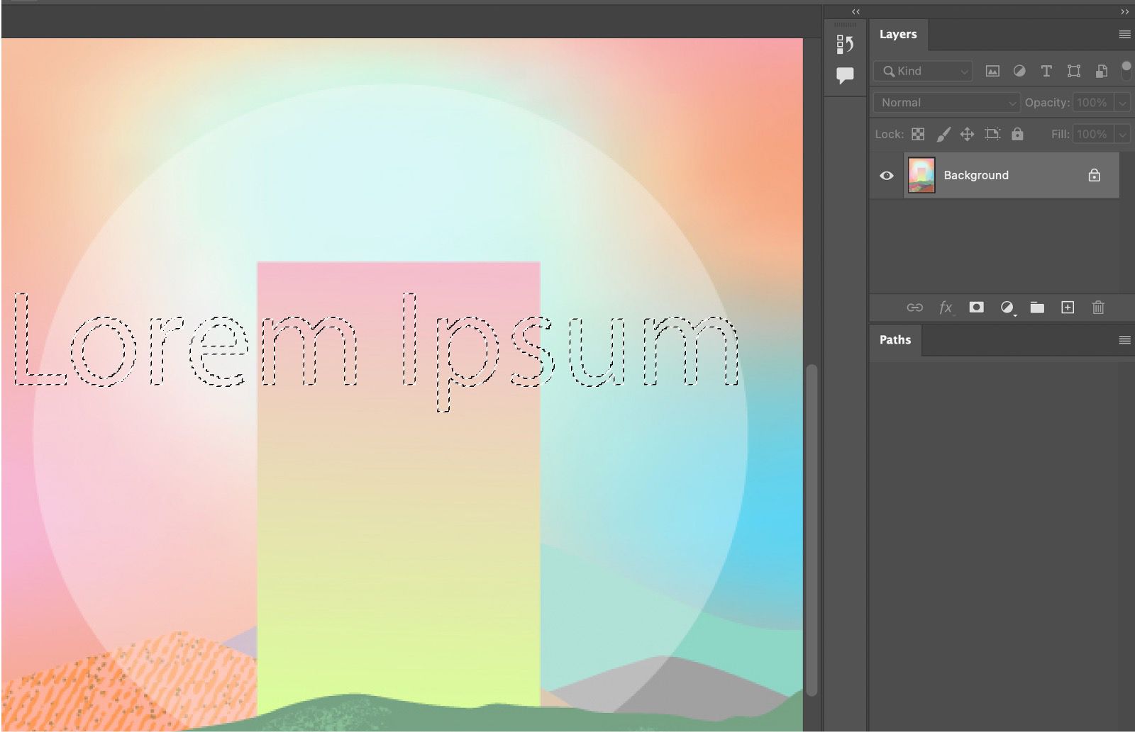 เอกสาร Photoshop พร้อมตัวอย่างขอบเขตการเลือกข้อความบนภาพแผงเลเยอร์เปิดอยู่ ซึ่งแสดงให้เห็นว่ามีการเลือกรูปภาพพื้นหลังแผงพาธเปิดอยู่และว่างเปล่า