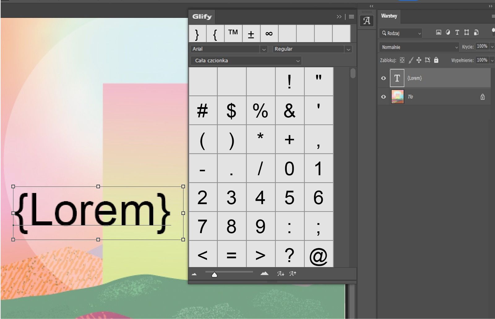 Dokument photoshop z przykładowym tekstem z glifami.Panel Glyphs jest otwarty i pokazuje kilka glifów.Panel Layers jest otwarty i pokazuje, że warstwa tekstowa jest wybrana.