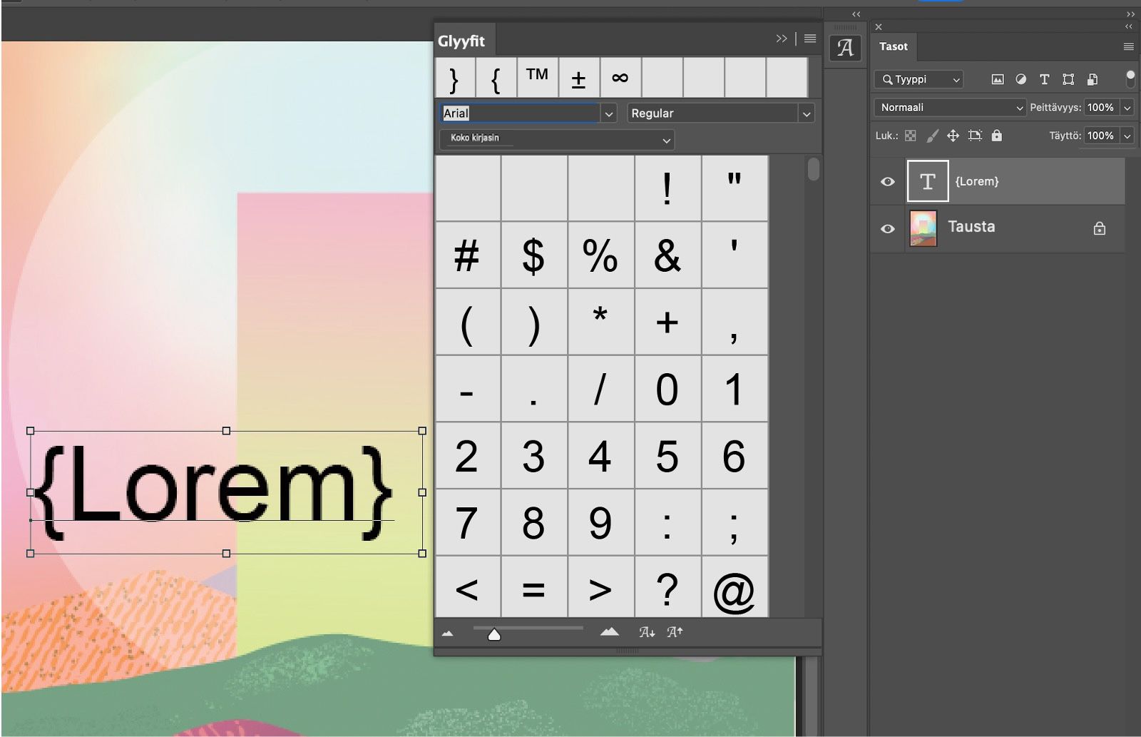Näytetekstiä sisältävä Photoshop-dokumentti, jossa on käytetty glyyfejä.Glyyfit-paneeli on auki, ja siinä näkyy joitakin glyyfejä.Avoimessa Tasot-paneelissa näkyy, että tekstitaso on valittuna.