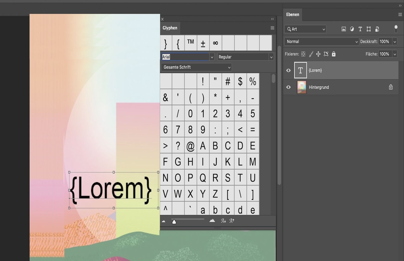 Ein Photoshop-Dokument mit Beispieltext mit Glyphen. Das Glyphen-Bedienfeld ist geöffnet und zeigt einige Glyphen an. Das Ebenen-Bedienfeld ist geöffnet und zeigt, dass die Textebene ausgewählt ist.