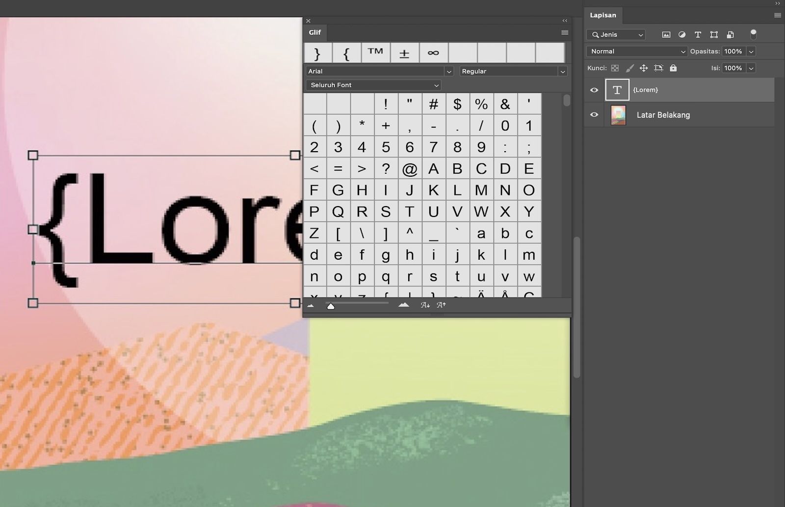 Dokumen Photoshop dengan contoh teks dengan glyph.Panel Glyph terbuka dan menampilkan beberapa glyph.Panel Lapisan terbuka dan menunjukkan bahwa lapisan teks dipilih.