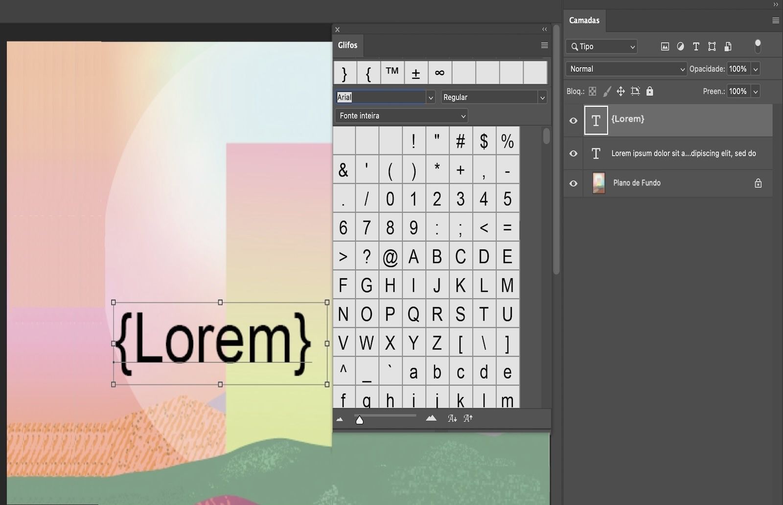 Um documento do Photoshop com texto de exemplo contendo glifos. O painel Glifos está aberto e mostrando alguns glifos. O painel Camadas está aberto e mostra que a camada de texto está selecionada.