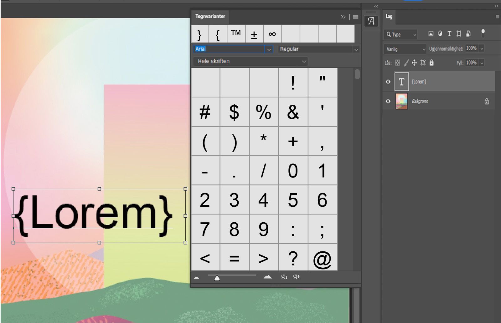 Et Photoshop-dokument med eksempeltekst med glyffer.Glyffer-panelet er åpent og viser noen glyffer.Lag-panelet er åpent og viser at tekstlaget er valgt.
