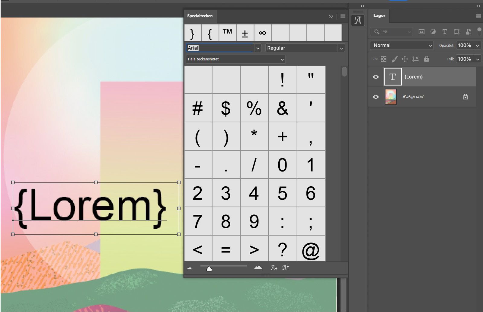 Ett photoshop-dokument med exempeltext med glyfer.Panel för glyfer är öppen och visar några glyfer.Panel för Lager är öppen och visar att textlagret är valt.