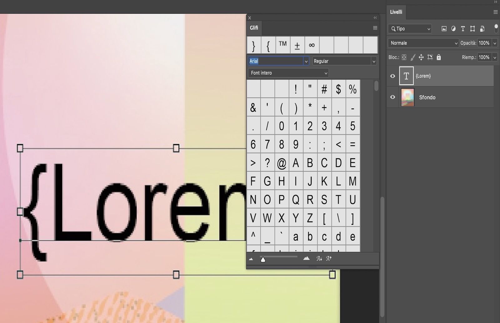 Un documento Photoshop con testo di esempio con glifi.Il pannello Glifi è aperto e mostra alcuni glifi.Il pannello Livelli è aperto e mostra che il Livello di testo è selezionato.