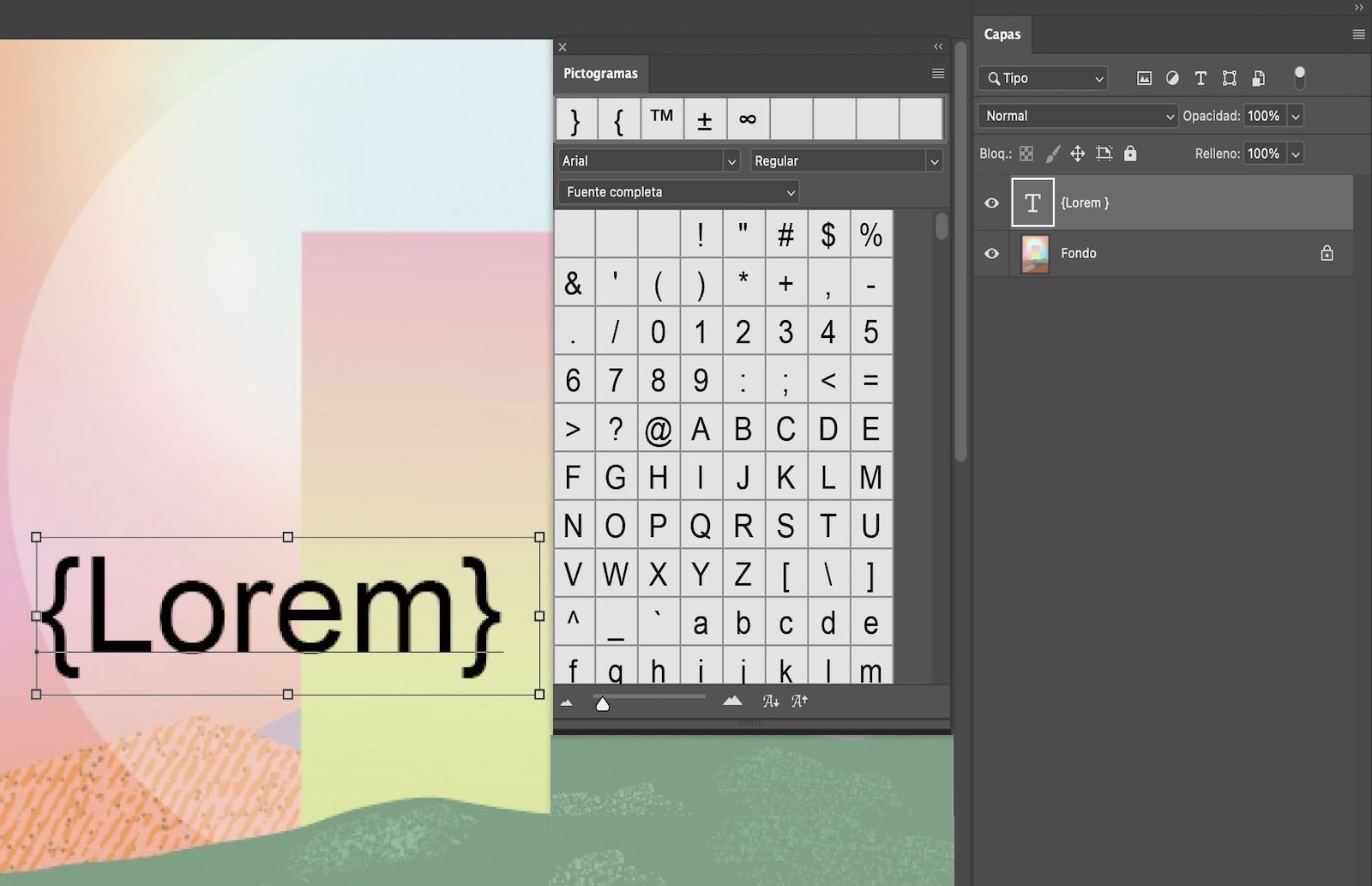 Un documento de photoshop con texto de ejemplo con glifos.El panel de Glifos está abierto y muestra algunos glifos.El panel de Capas está abierto y muestra que la capa de texto está seleccionada.