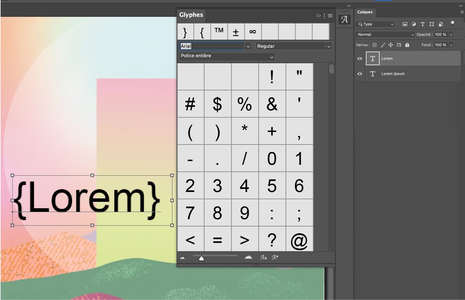 Un document Photoshop avec un exemple de texte contenant des glyphes. Le panneau Glyphes est ouvert et affiche quelques glyphes. Le panneau Calques est ouvert et indique que le calque de texte est sélectionné.