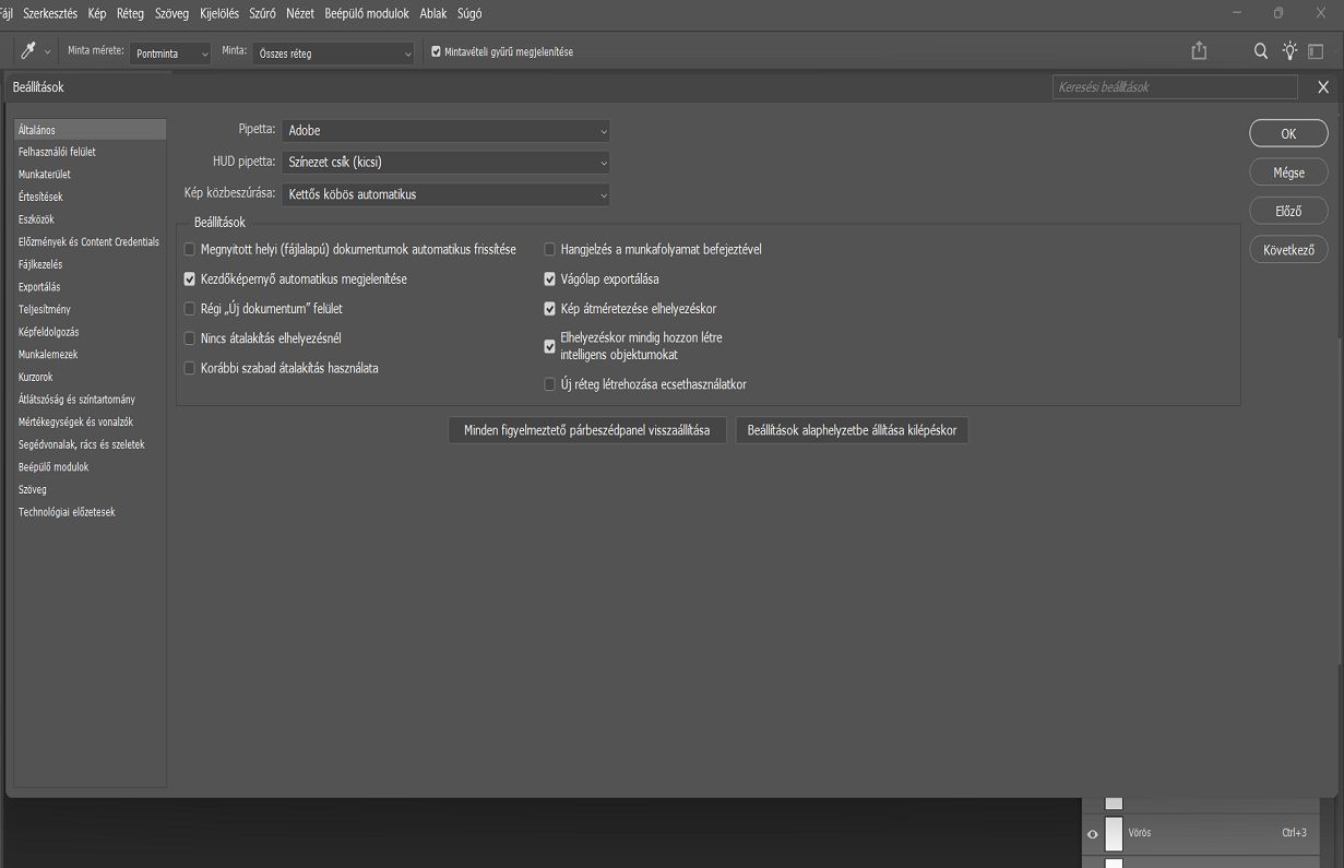 Egy Photoshop-dokumentum, amelyen az Általános beállításokat tartalmazó Beállítások panel látható.