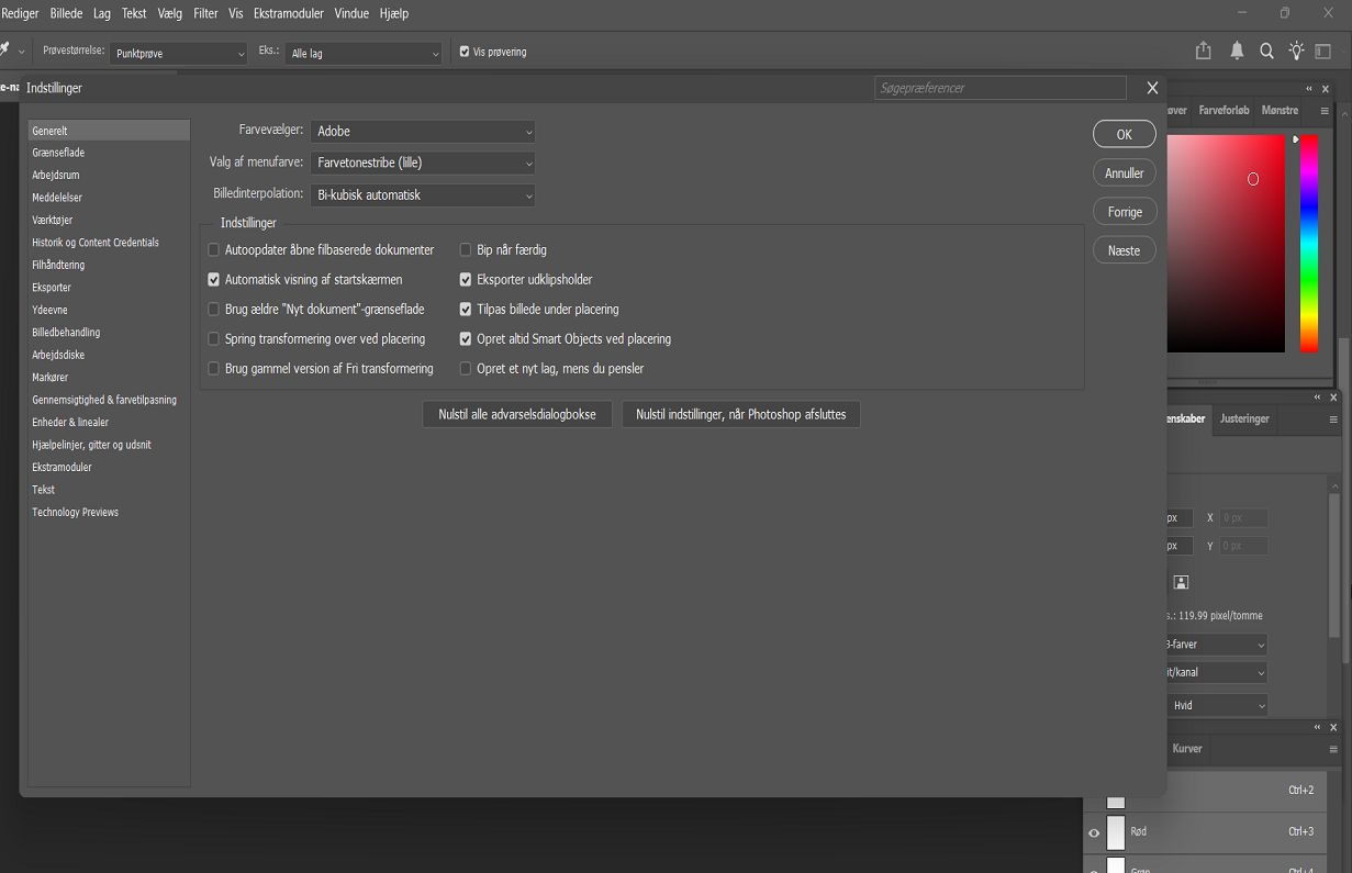 Et Photoshop-dokument med panelet Præferencer, der viser de generelle indstillinger.