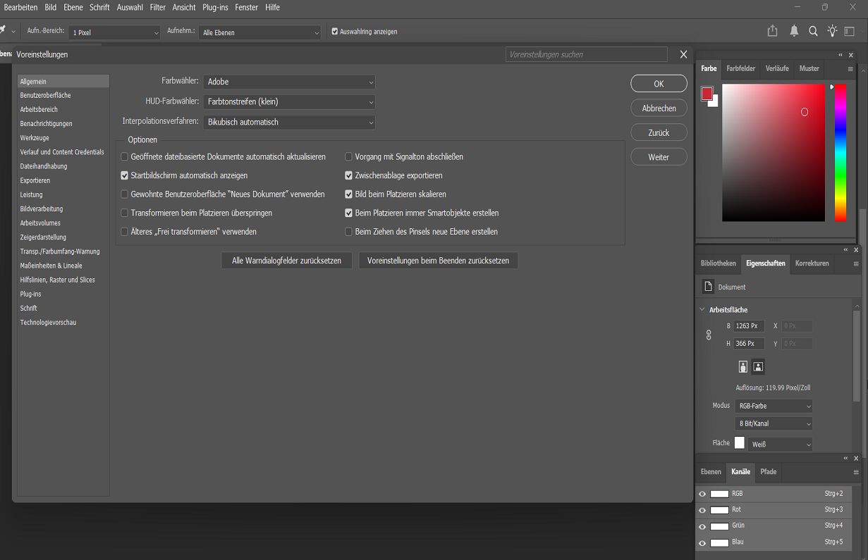Photoshop-Dokument mit Voreinstellungen-Bedienfeld, das die allgemeinen Einstellungen anzeigt.