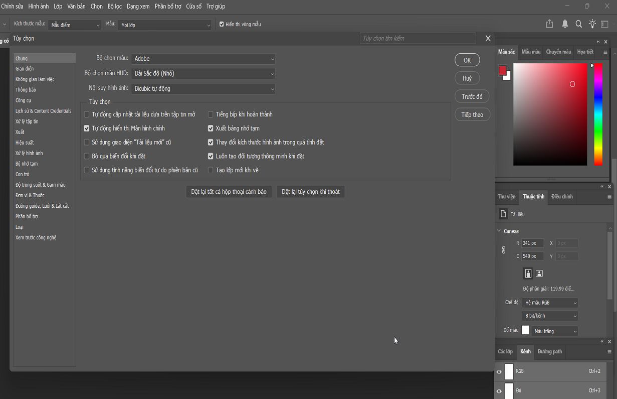 Một tài liệu Photoshop với bảng Tùy chọn hiển thị cài đặt Chung.