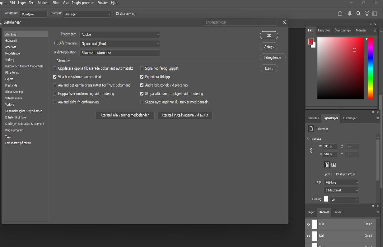 Ett Photoshop-dokument med panel för Inställningar som visar de allmänna inställningarna.