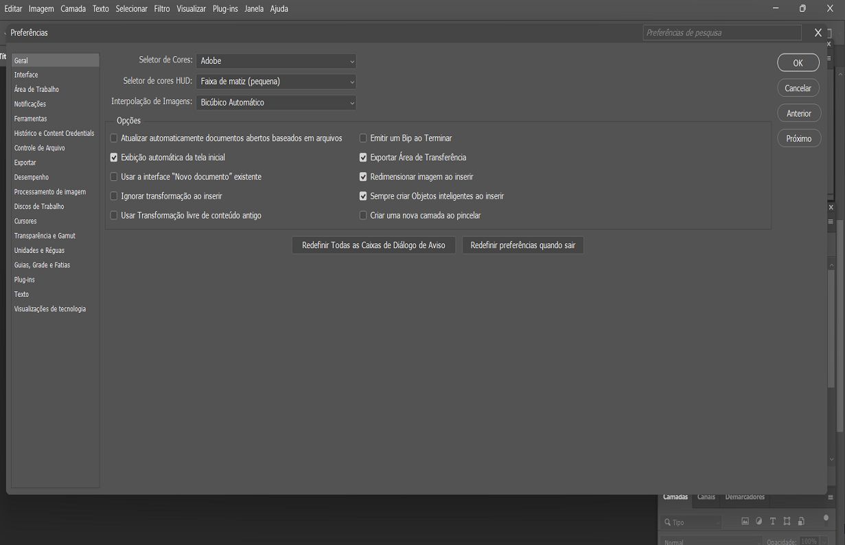 Um documento do Photoshop com o painel Preferências exibindo as configurações Gerais.