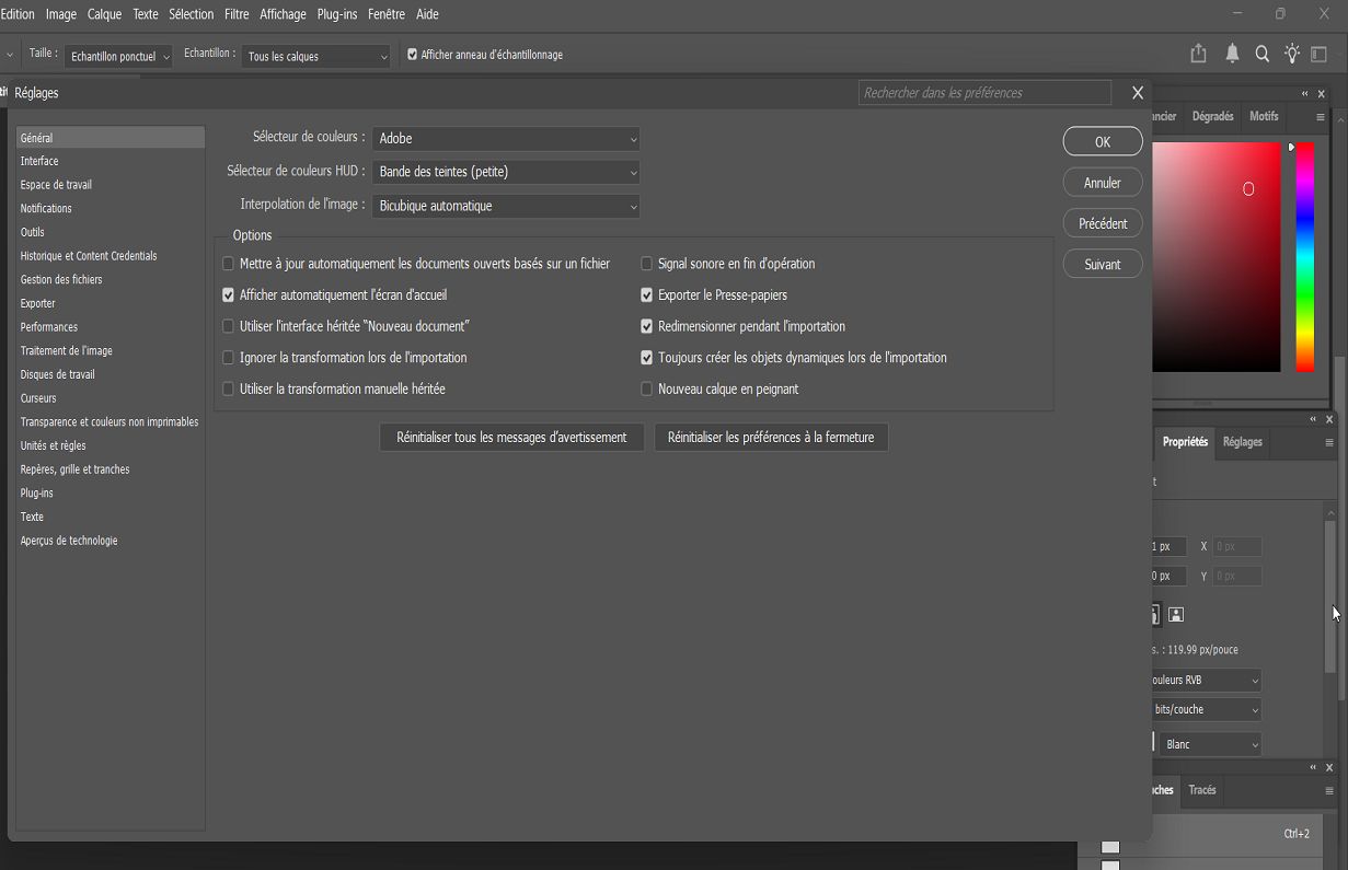 Un document Photoshop avec le panneau Préférences affichant les paramètres généraux.
