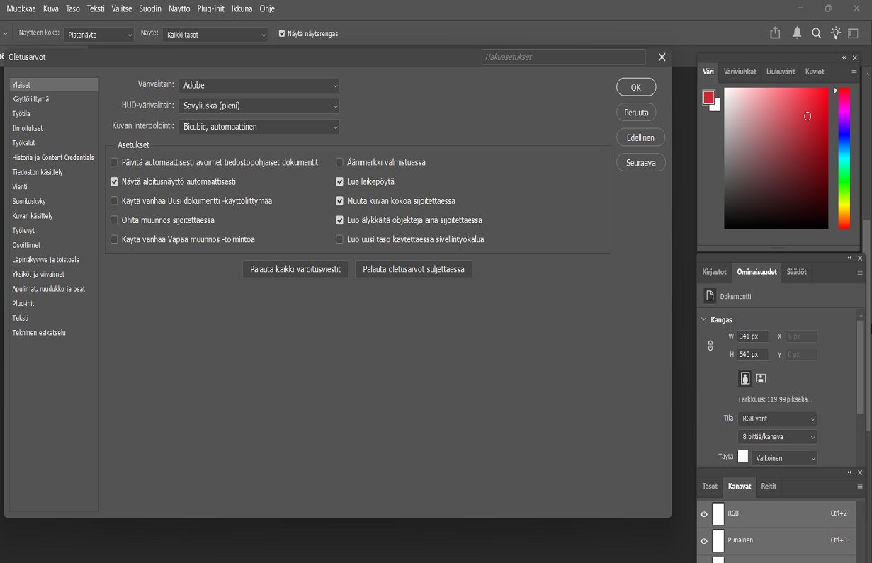 Photoshop-dokumentti, jonka Oletusasetukset-paneelissa on näkyvissä Yleiset-asetukset.