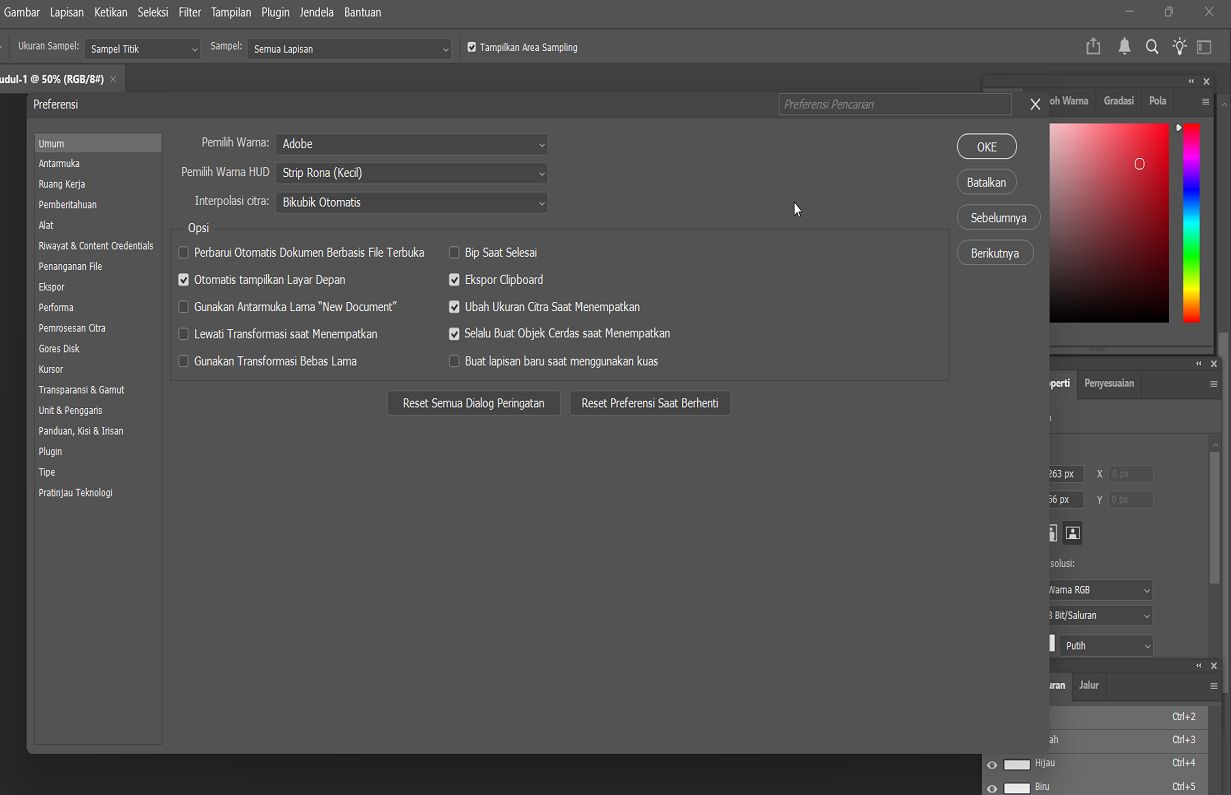 Dokumen Photoshop dengan panel Preferensi yang menampilkan pengaturan Umum.
