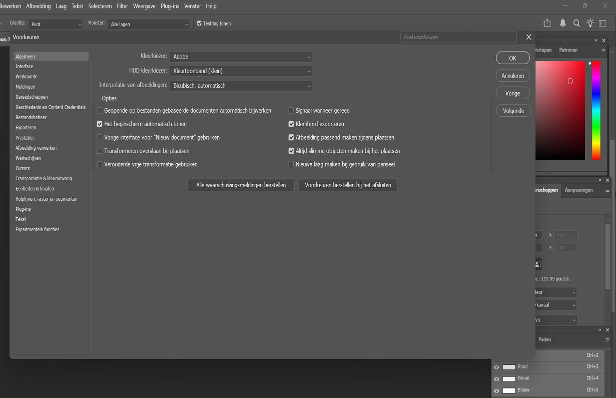 Een Photoshop document met het paneel Voorkeuren waarin de Algemene instellingen worden weergegeven.