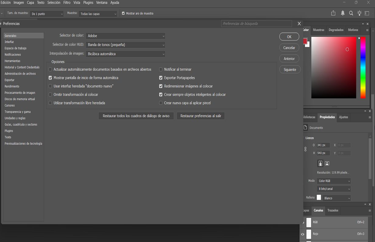 Un documento de Photoshop con el panel Preferencias mostrando la configuración General.