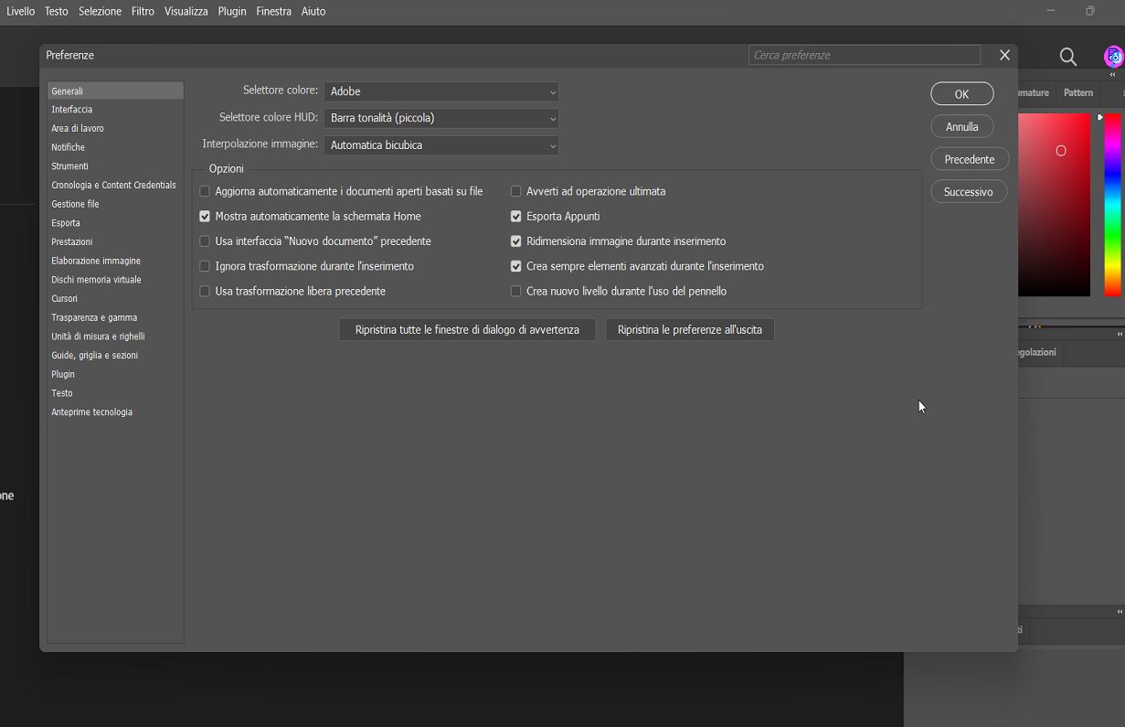 Un documento Photoshop con il pannello Preferenze che mostra le impostazioni Generali.
