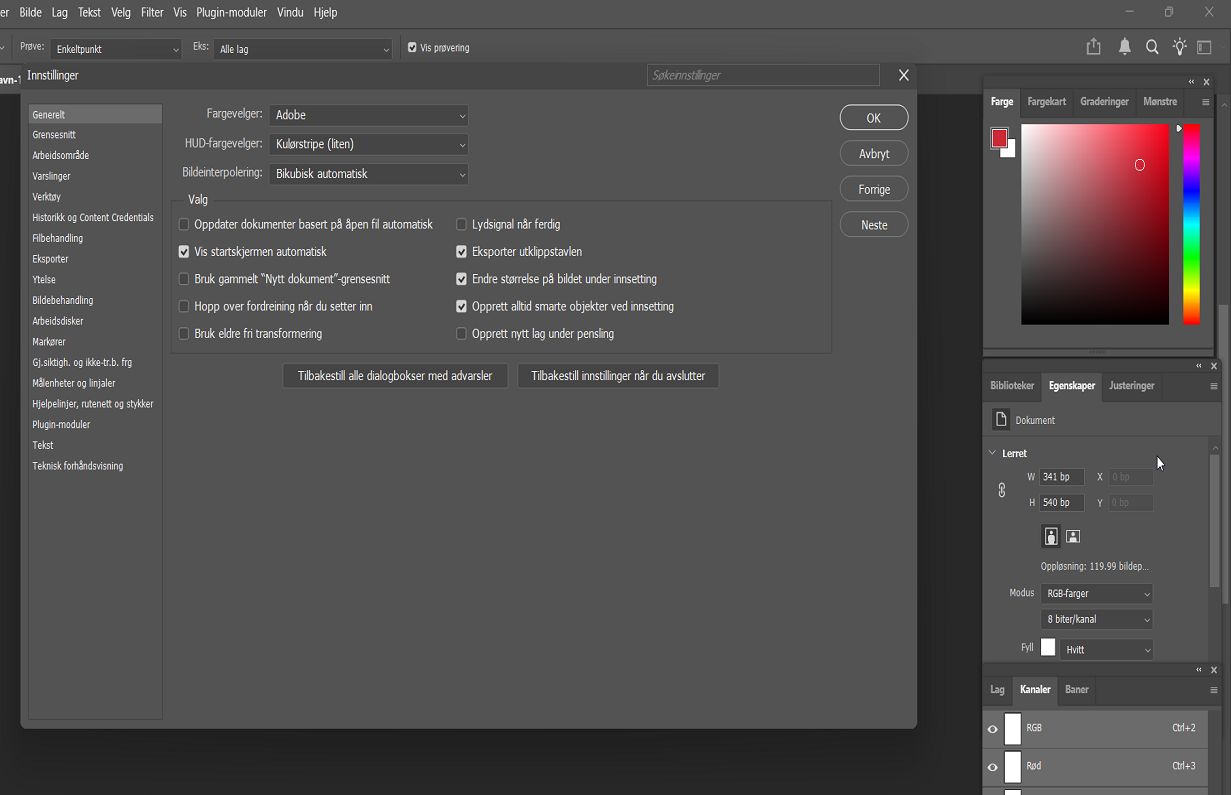 Et Photoshop-dokument med Innstillinger-panelet som viser de generelle innstillingene.