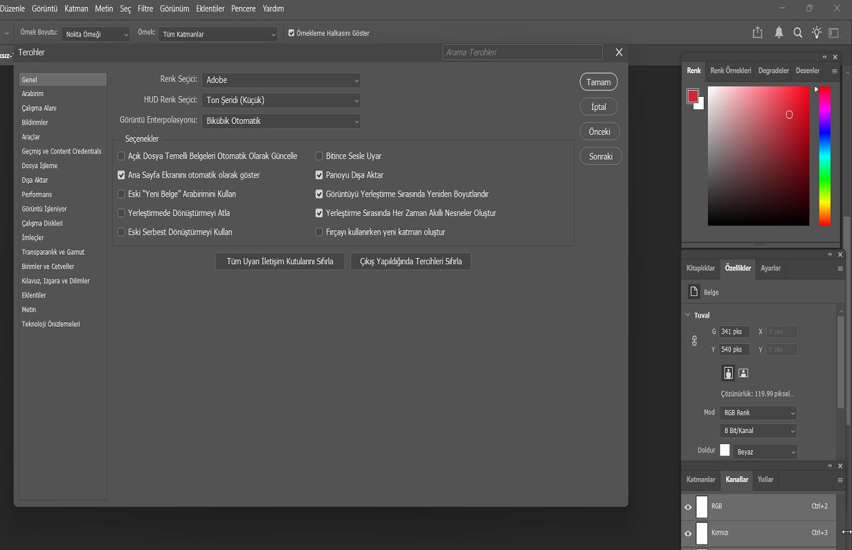 Genel ayarların gösterildiği Tercihler panelini içeren Photoshop belgesi.