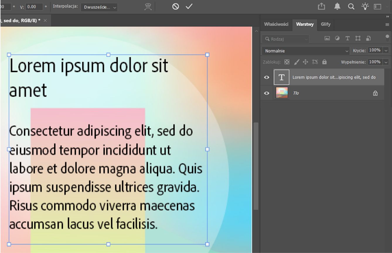 Plik photoshop, w którym przykładowy tekst jest otoczony obwiednią.Panel Warstwy jest otwarty z zaznaczoną warstwą tekstową.