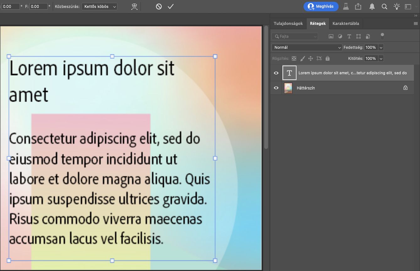 Egy Photoshop-fájl, amelyben a mintaszöveget határolókeret veszi körül. A Rétegek panel meg van nyitva, és a szövegréteg ki van jelölve.