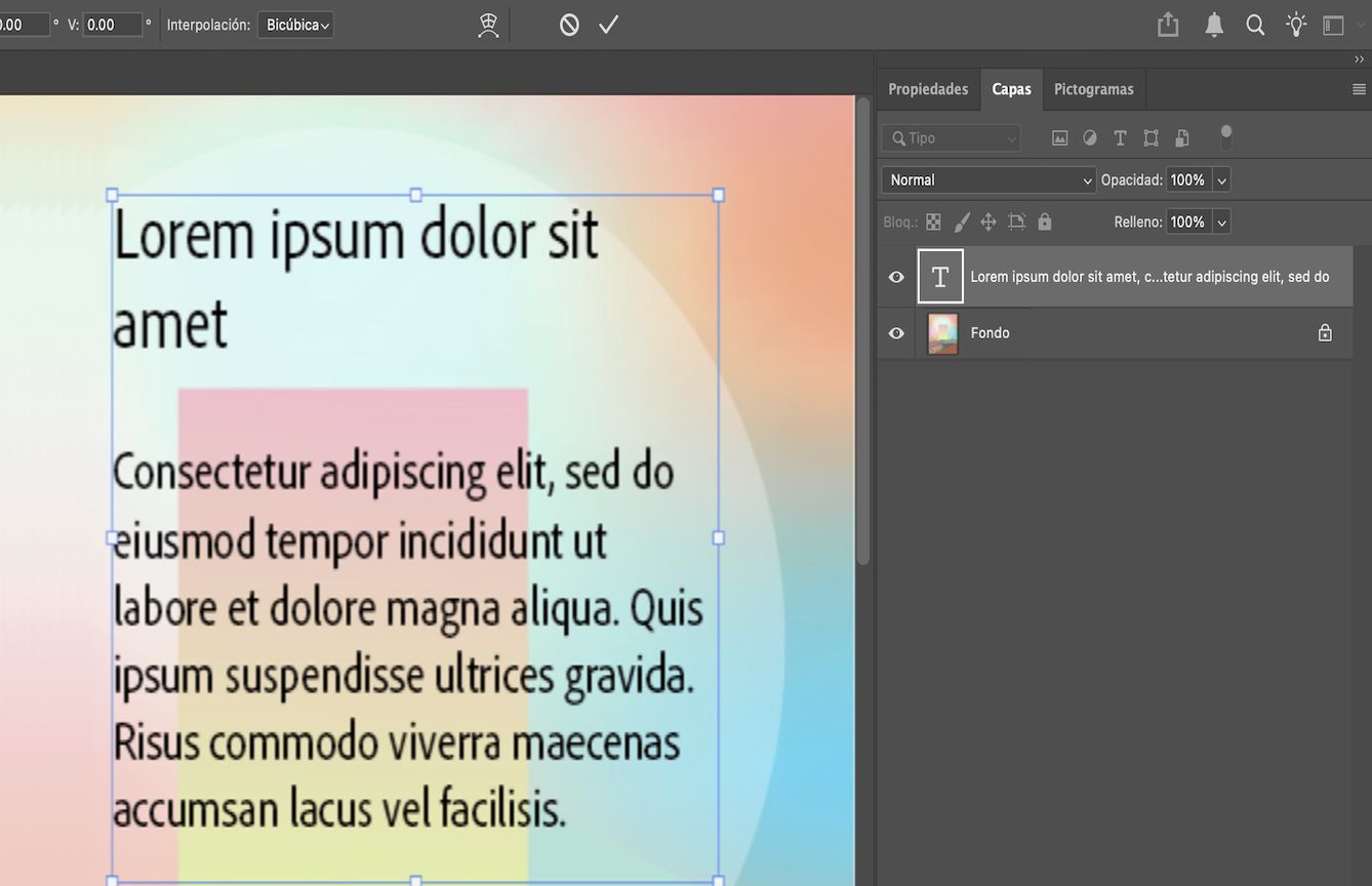 Un archivo de Photoshop donde el texto de muestra está rodeado por un cuadro delimitador.El panel Capas está abierto con la capa de texto seleccionada.