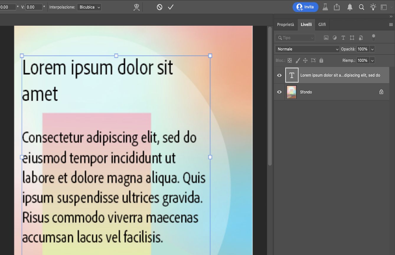 Un file Photoshop in cui il testo di esempio è circondato da un rettangolo di selezione.Il pannello Livelli è aperto con il livello di testo selezionato.