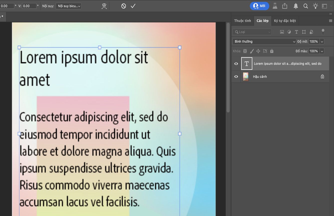 Tập tin Photoshop với văn bản mẫu được bao quanh bởi hộp giới hạn. Bảng Lớp đang mở với lớp văn bản được chọn.