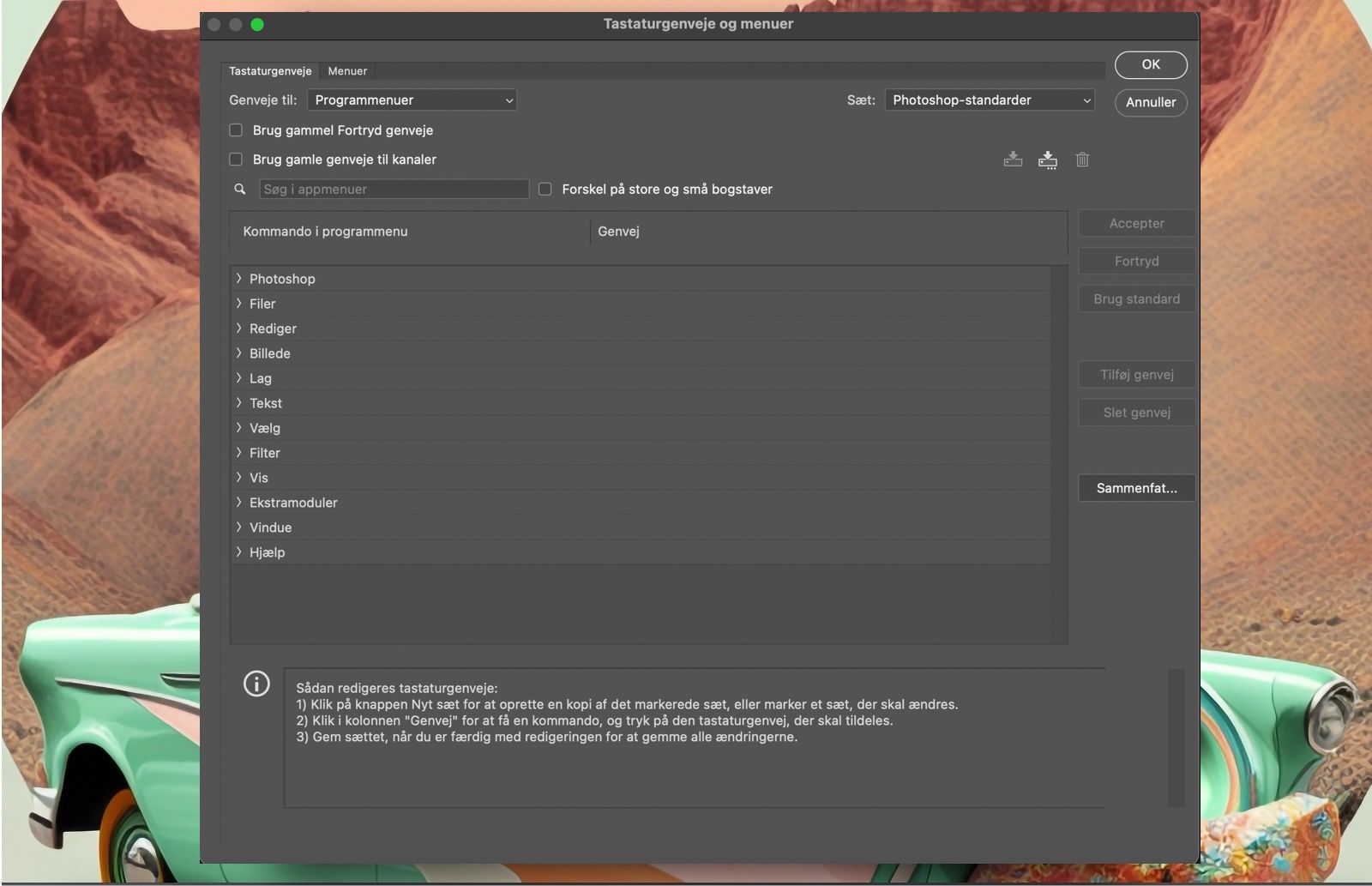 En Photoshop-prøvefil, der viser dialogboksen Tastaturgenveje og menuer.