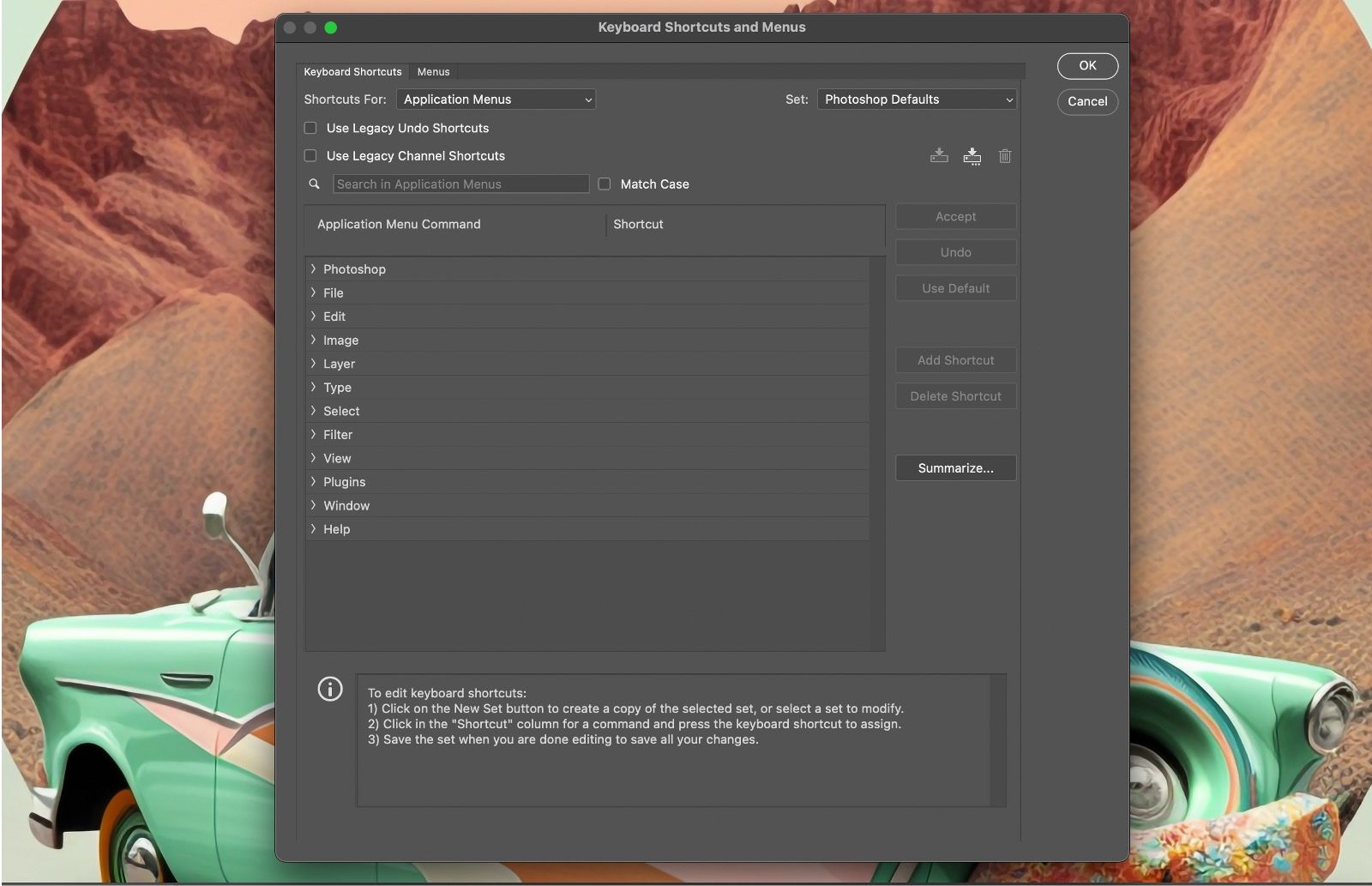ملف عينة Photoshop يعرض مربع حوار اختصارات لوحة المفاتيح والقوائم.