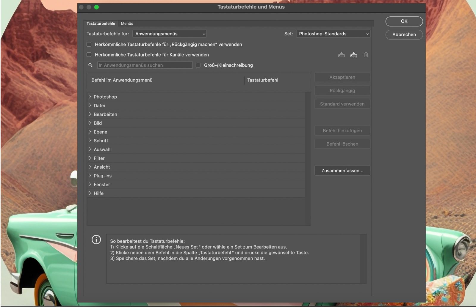 Photoshop-Beispieldatei mit dem Dialog „Tastaturbefehle und Menüs“.