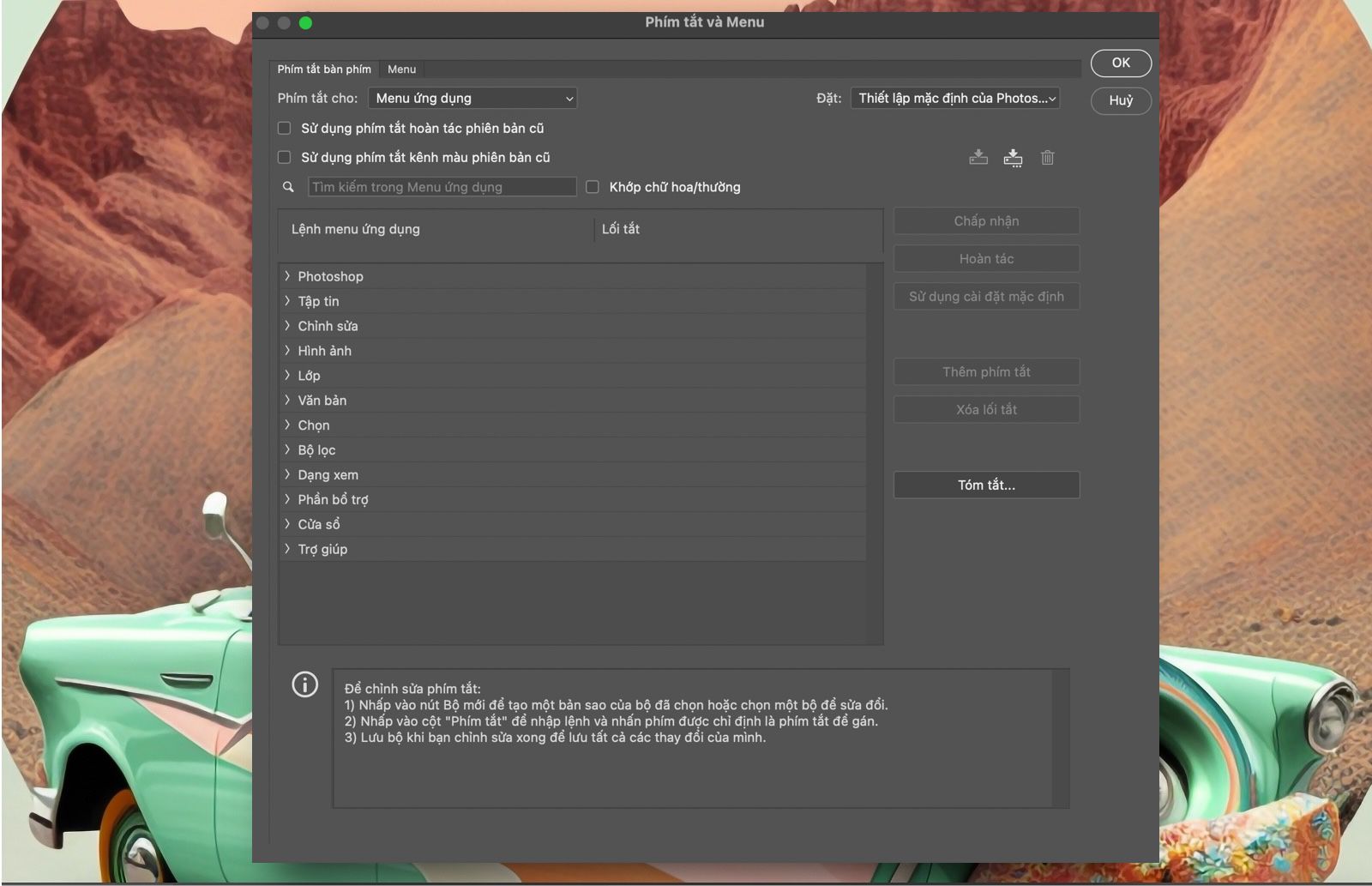 Một tập tin mẫu Photoshop hiển thị hộp thoại Phím tắt và menu.