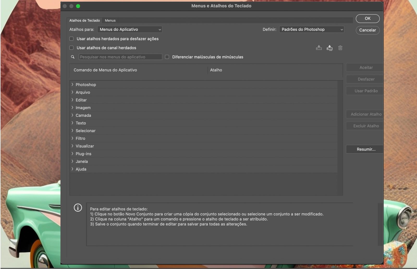 Um arquivo de exemplo do Photoshop mostrando a caixa de diálogo Atalhos de teclado e menus.