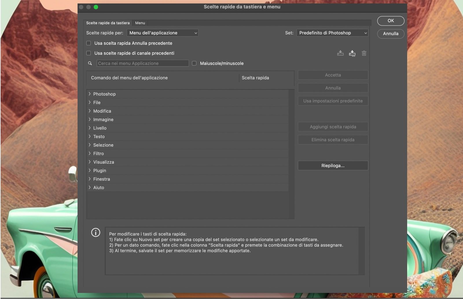 Un file di esempio di Photoshop che mostra la finestra di dialogo Scelte rapide da tastiera e menu.