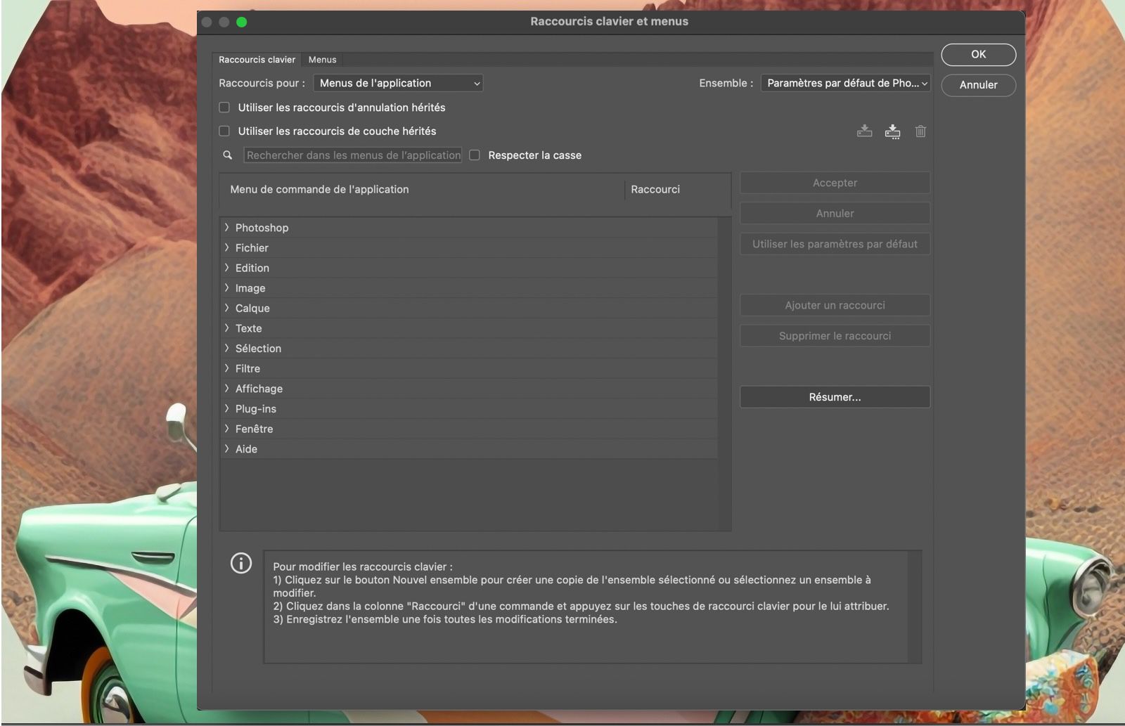 Un fichier type Photoshop montrant la boîte de dialogue Raccourcis clavier et menus.