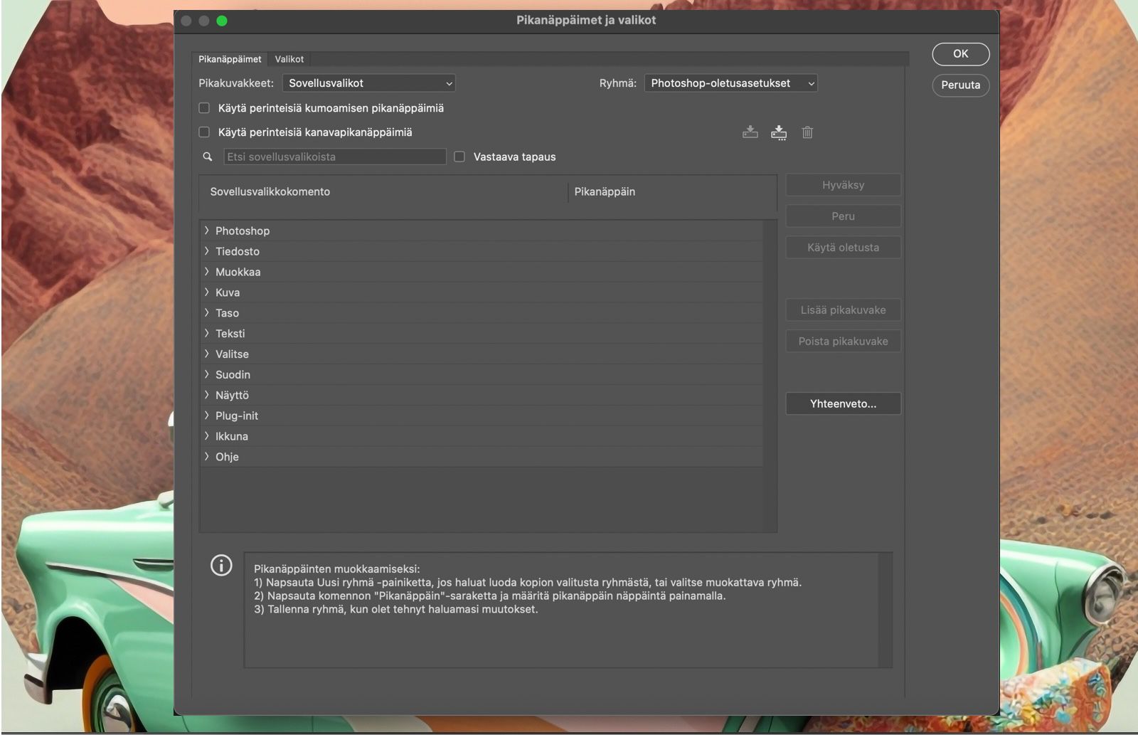 Photoshopin esimerkkitiedosto, jossa näkyy Pikanäppäimet ja valikot -valintaikkuna.