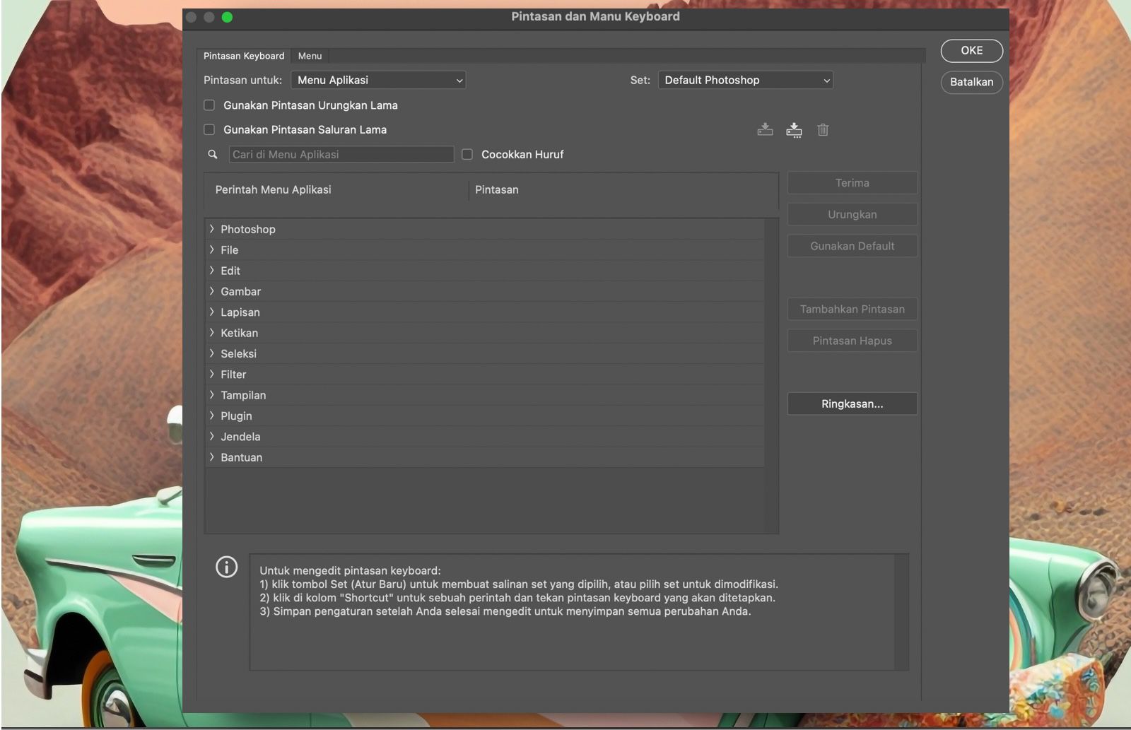 File sampel Photoshop yang menampilkan kotak dialog Pintasan dan Menu Keyboard.