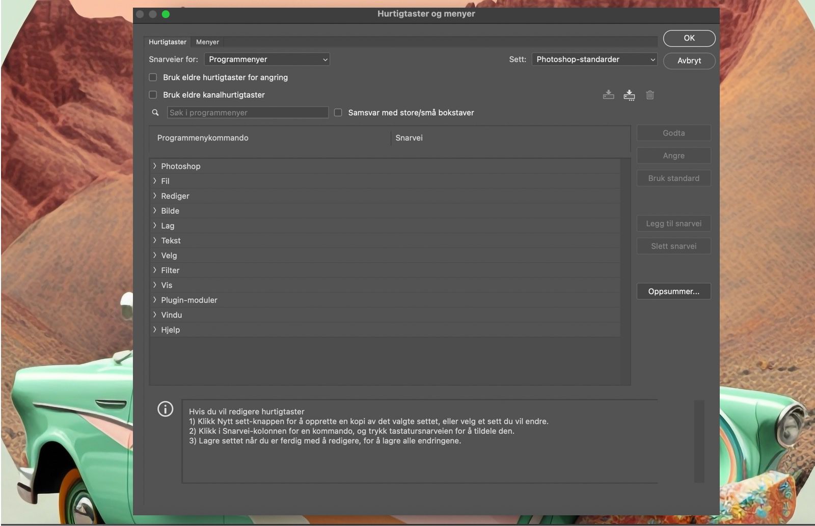 En Photoshop-prøvefil som viser dialogboksen Hurtigtaster og menyer.