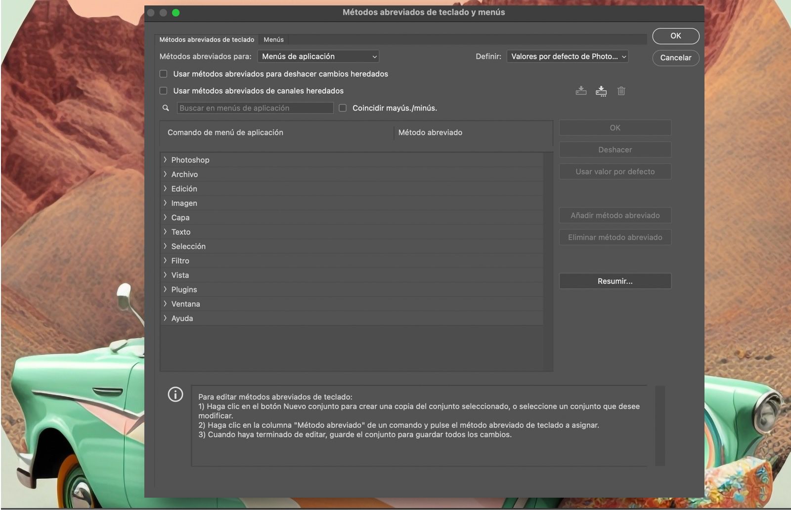 Un archivo de muestra de Photoshop que muestra el cuadro de diálogo Atajos de teclado y menús.