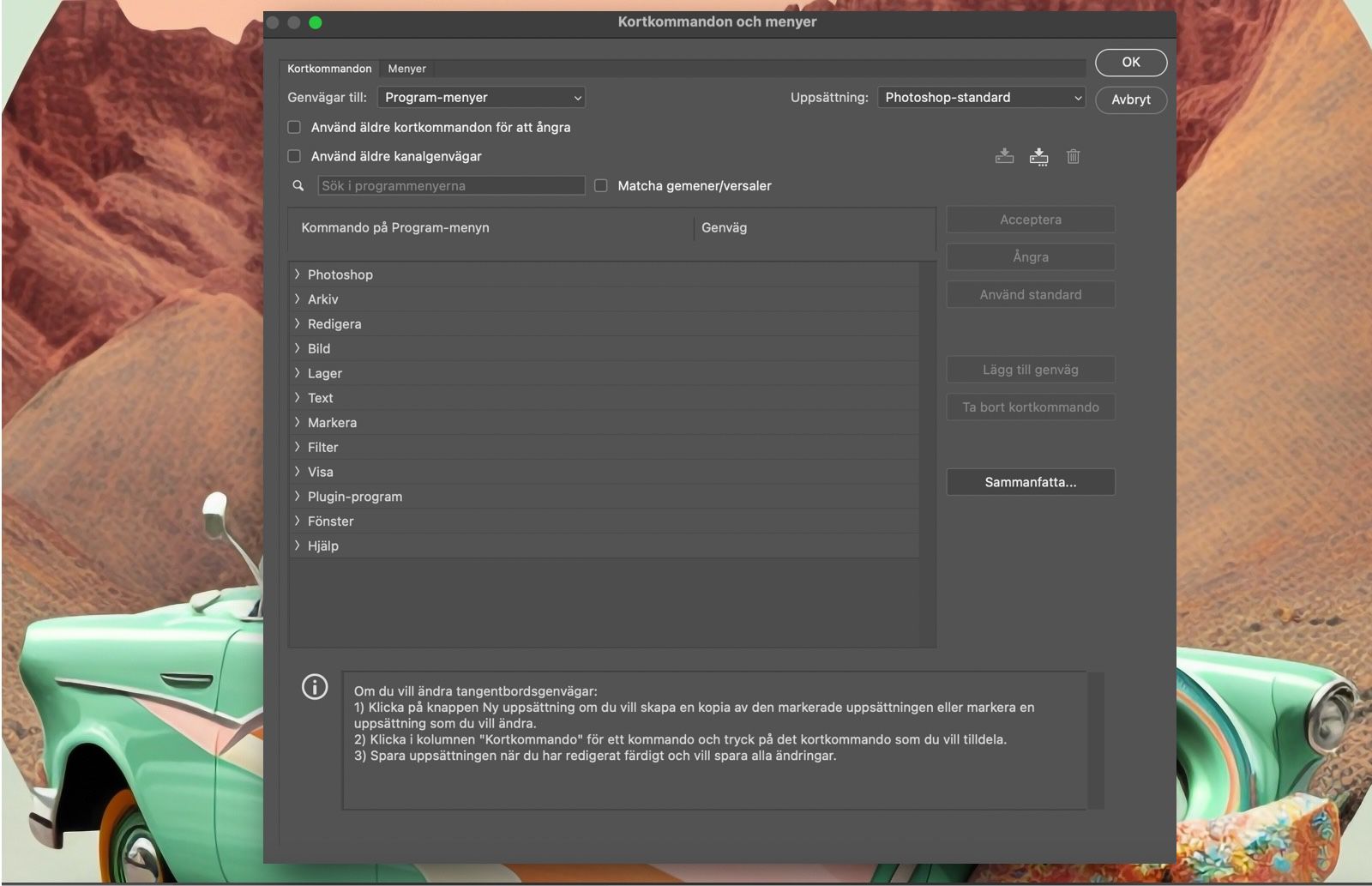 En Photoshop-exempelfil som visar dialogrutan Kortkommandon och menyer.