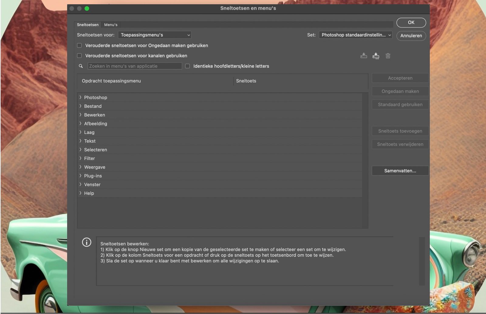 Een Photoshop voorbeeldbestand met het dialoogvenster Sneltoetsen en menu's.