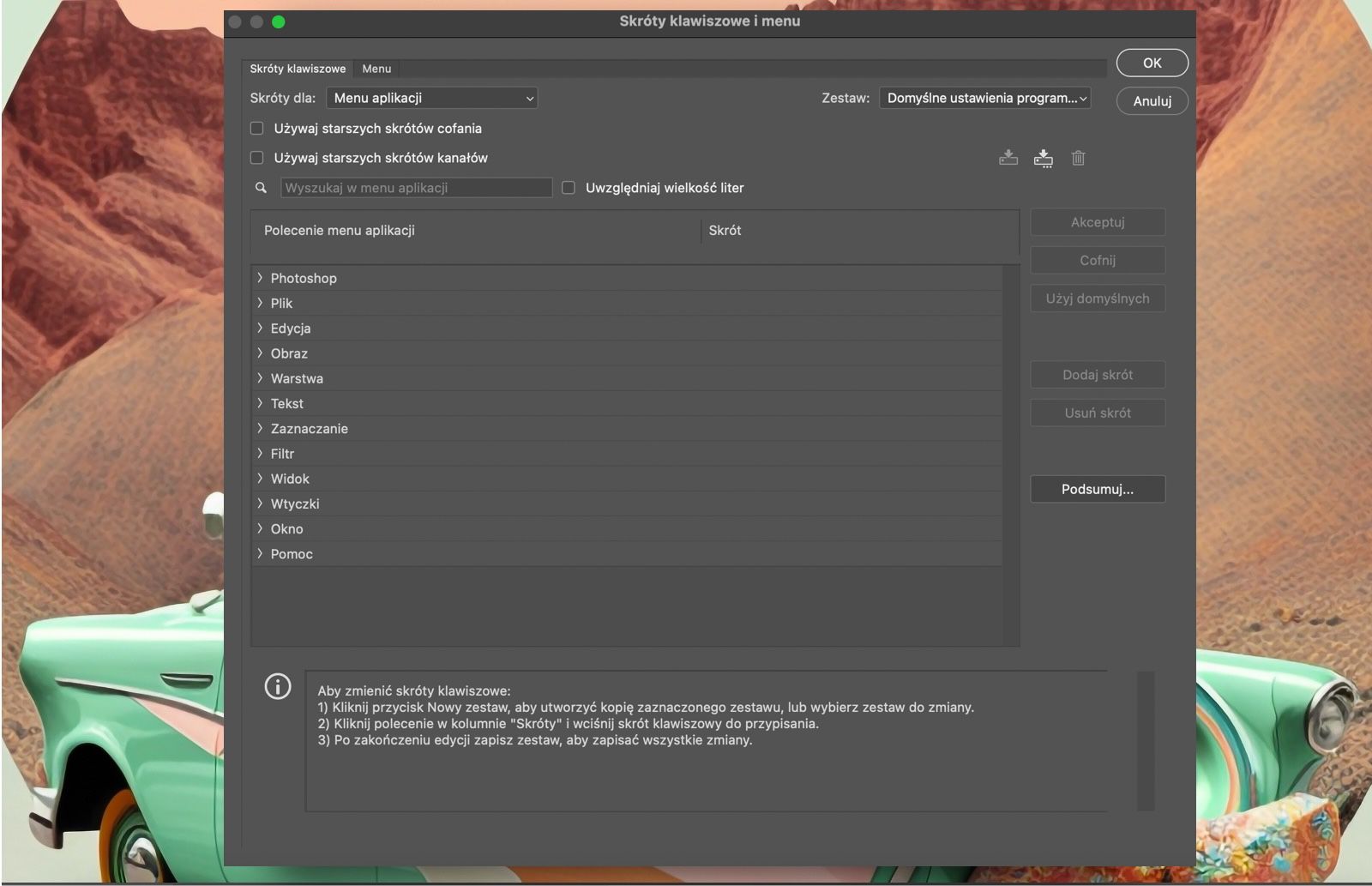 Plik przykładowy photoshop pokazujący okno dialogowe Skróty klawiaturowe i Menu.