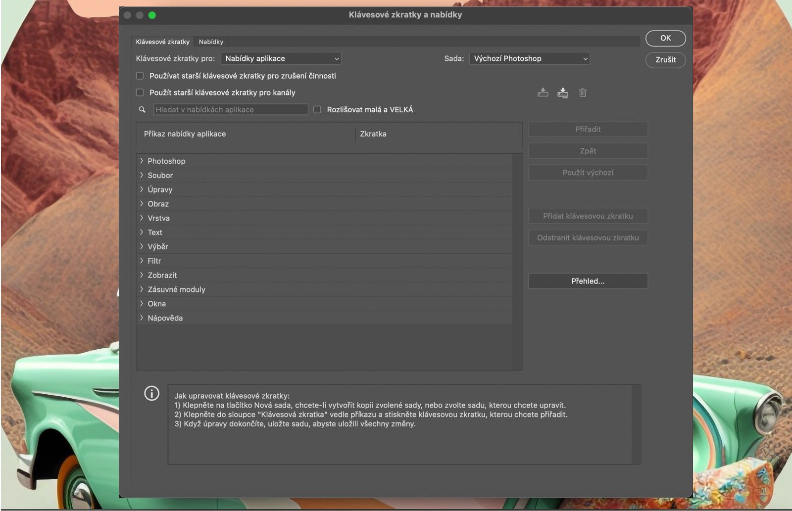 Ukázkový soubor Photoshop zobrazující dialogové okno Klávesové zkratky a nabídky.